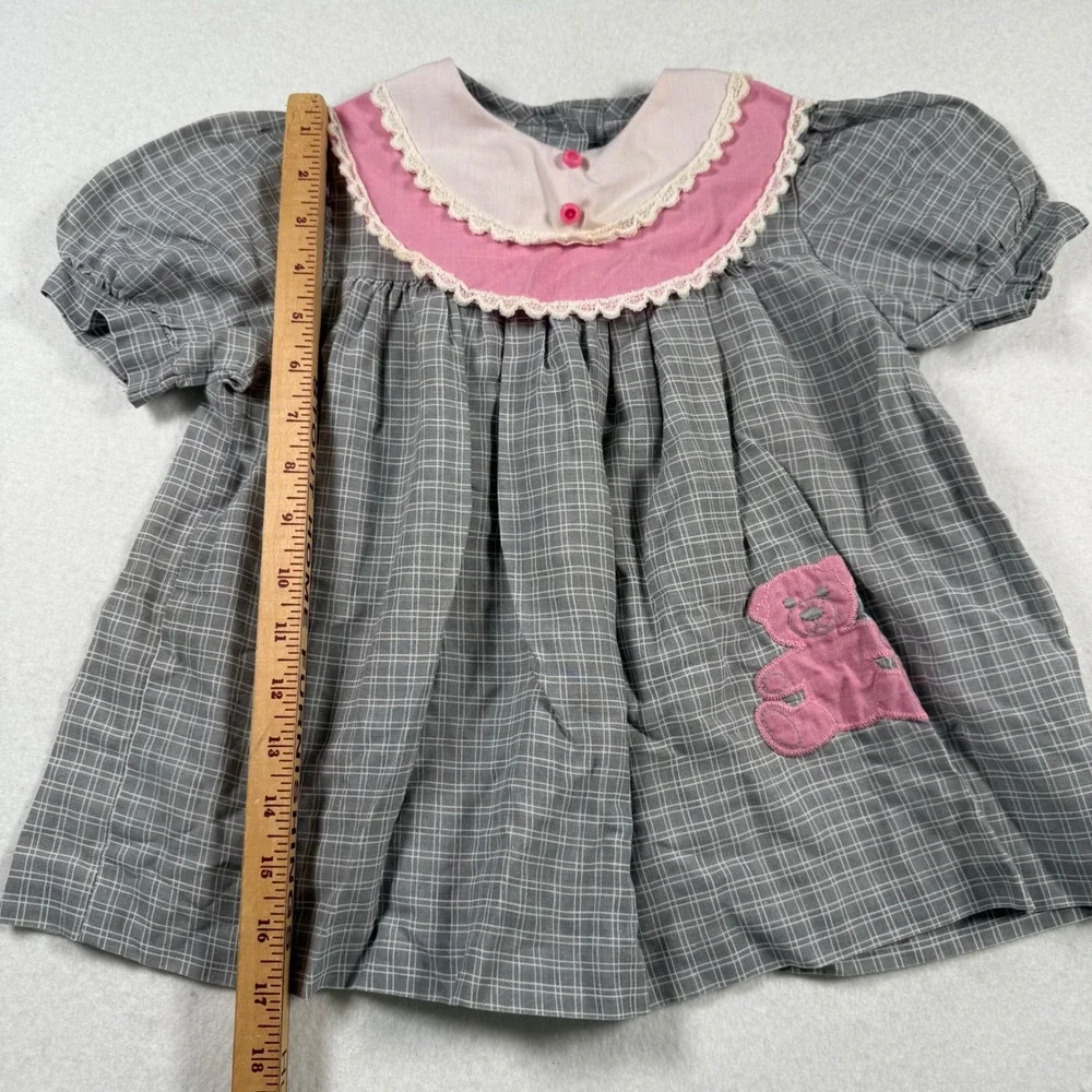 Vintage Wonderland Girls Grey Grid Teddy Bear Lace Collar Dress Size 5 USA Made